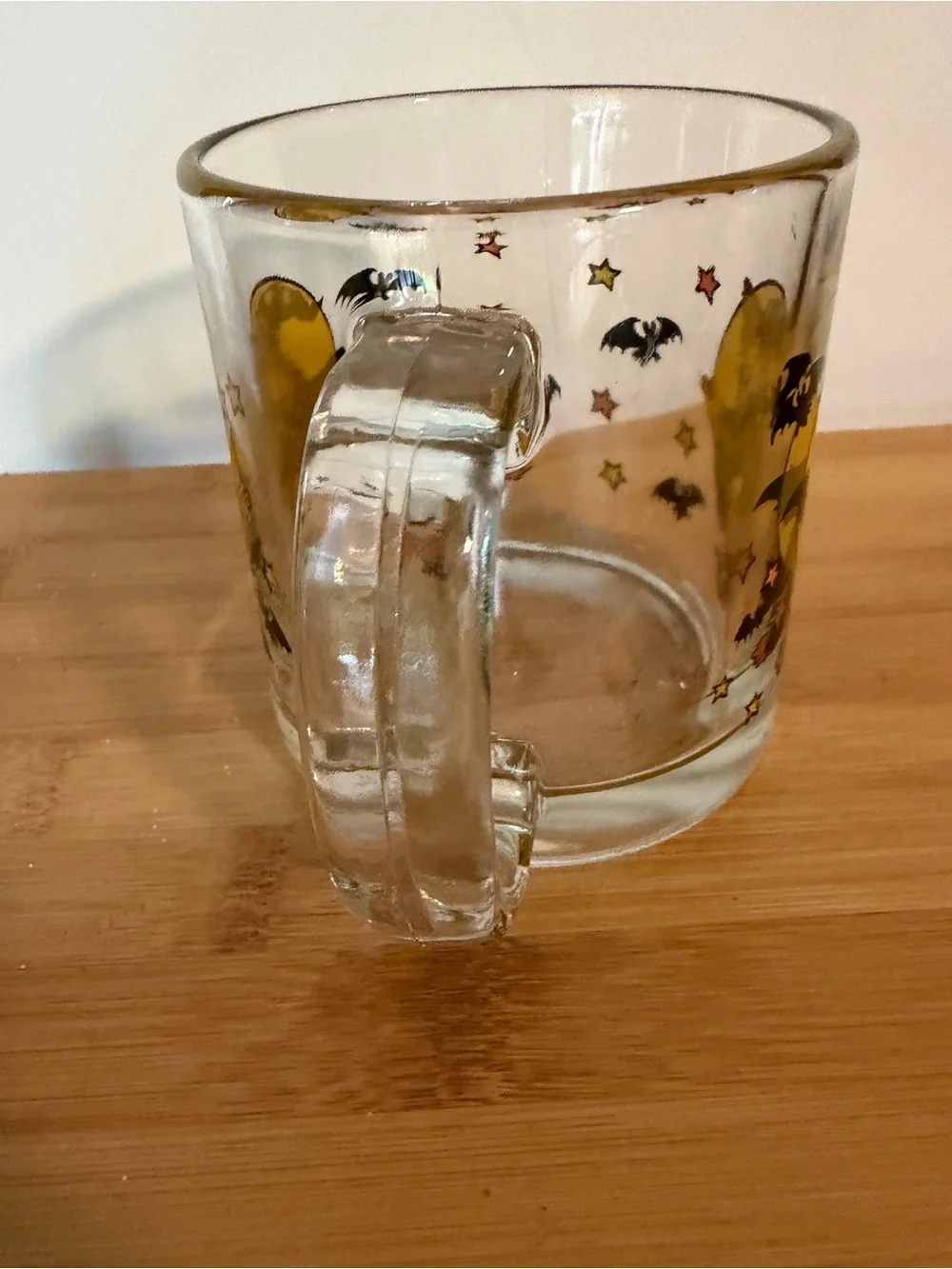 Vintage Halloween Witch Glass Mug Clear w Orange & Black. Made in USA. MCM